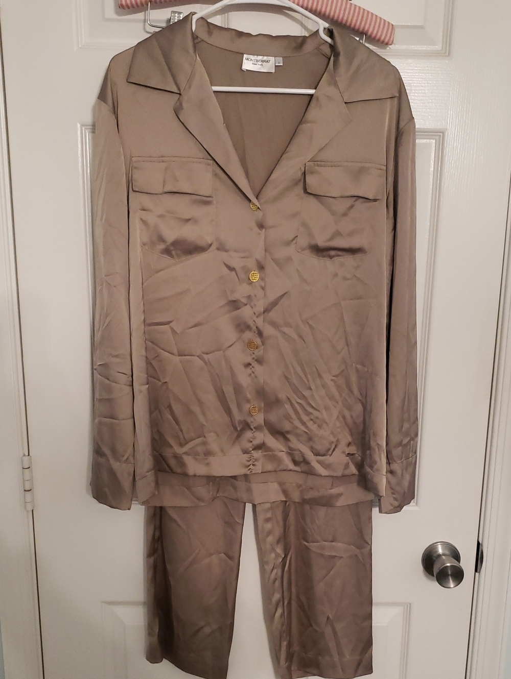 St. John Collection Taupe Satin Button-Front Pant Set